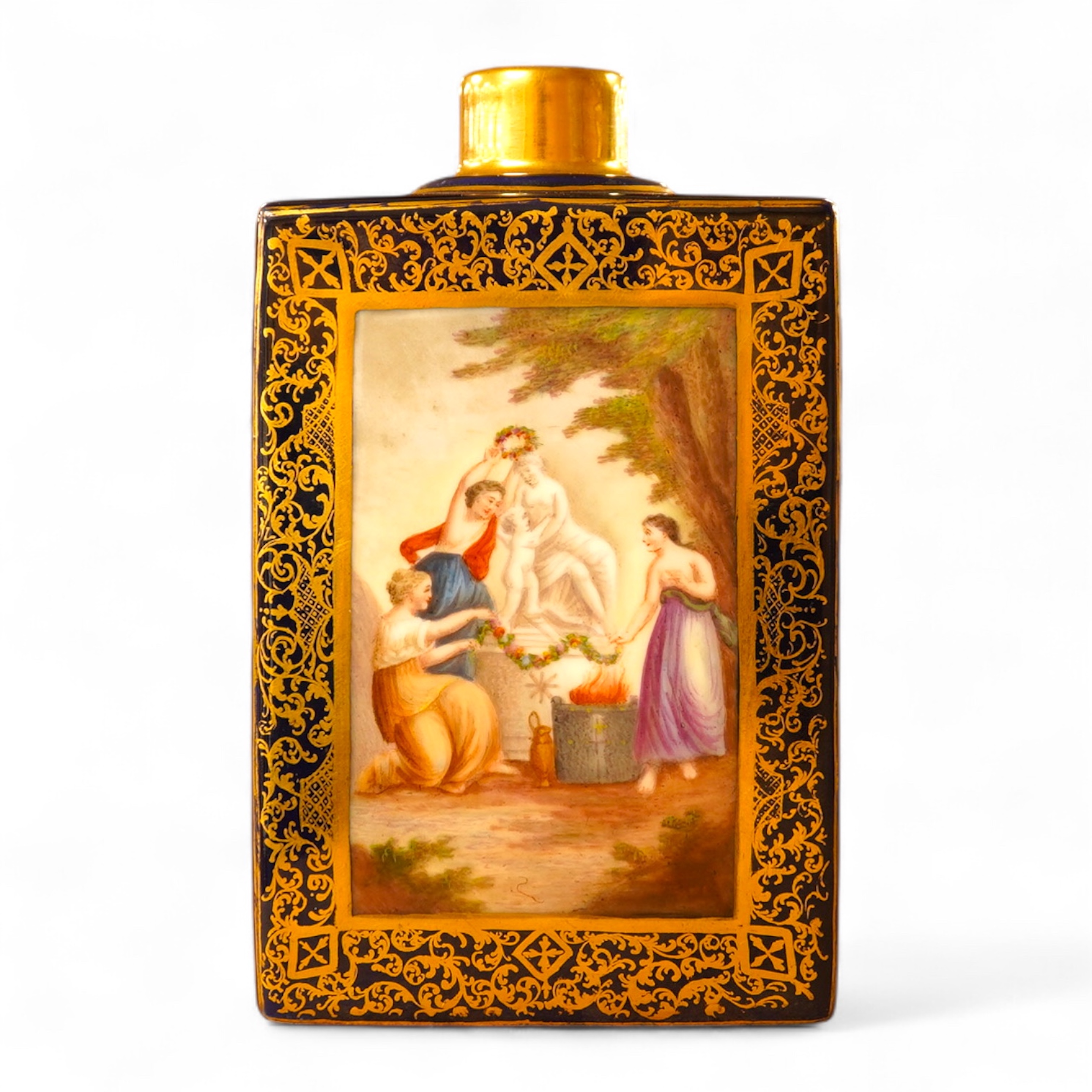 A Vienna style porcelain tea cannister, hand painted with figures, 15cm high
